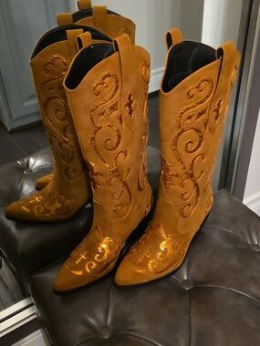 Tan Suede Western Tall Boots with Gold Embroidery